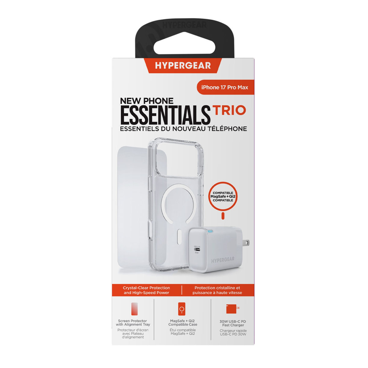 The HyperGear Accessory Bundle provides all the essentials to get started with a new phone: a clear MagSafe case, a screen protector, and a fast-charging 30W power adapter.