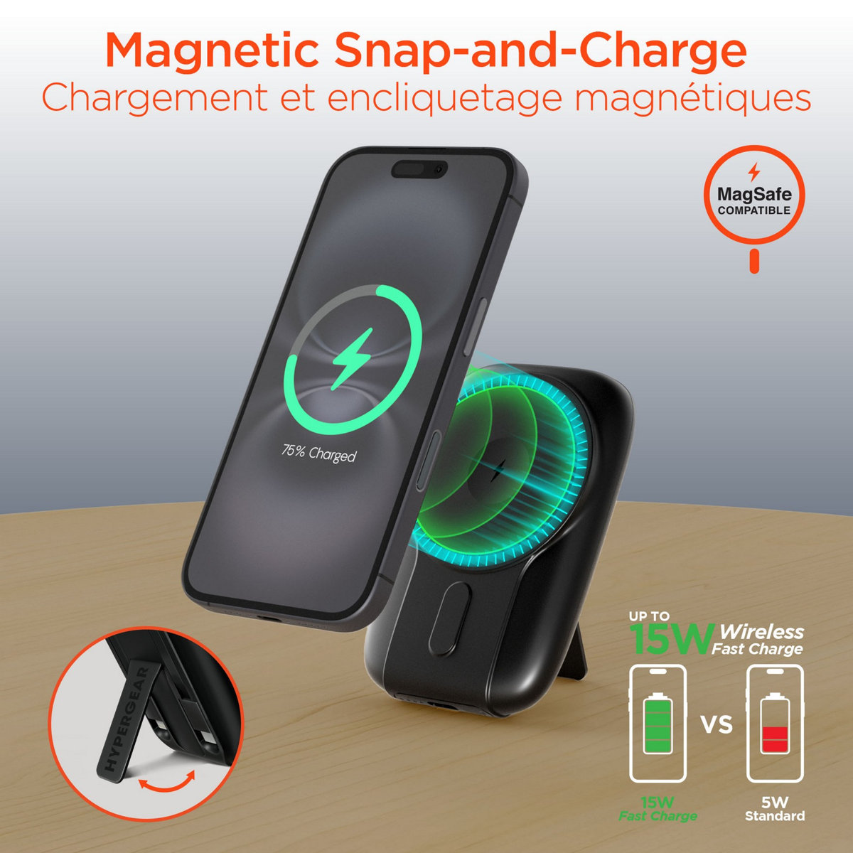 <p>The HyperGear Mag Grip Go Power Bank offers versatile portable power with magnetic 15W wireless fast charging, built-in USB-C PD and Lightning cables, and a foldable kickstand.</p>