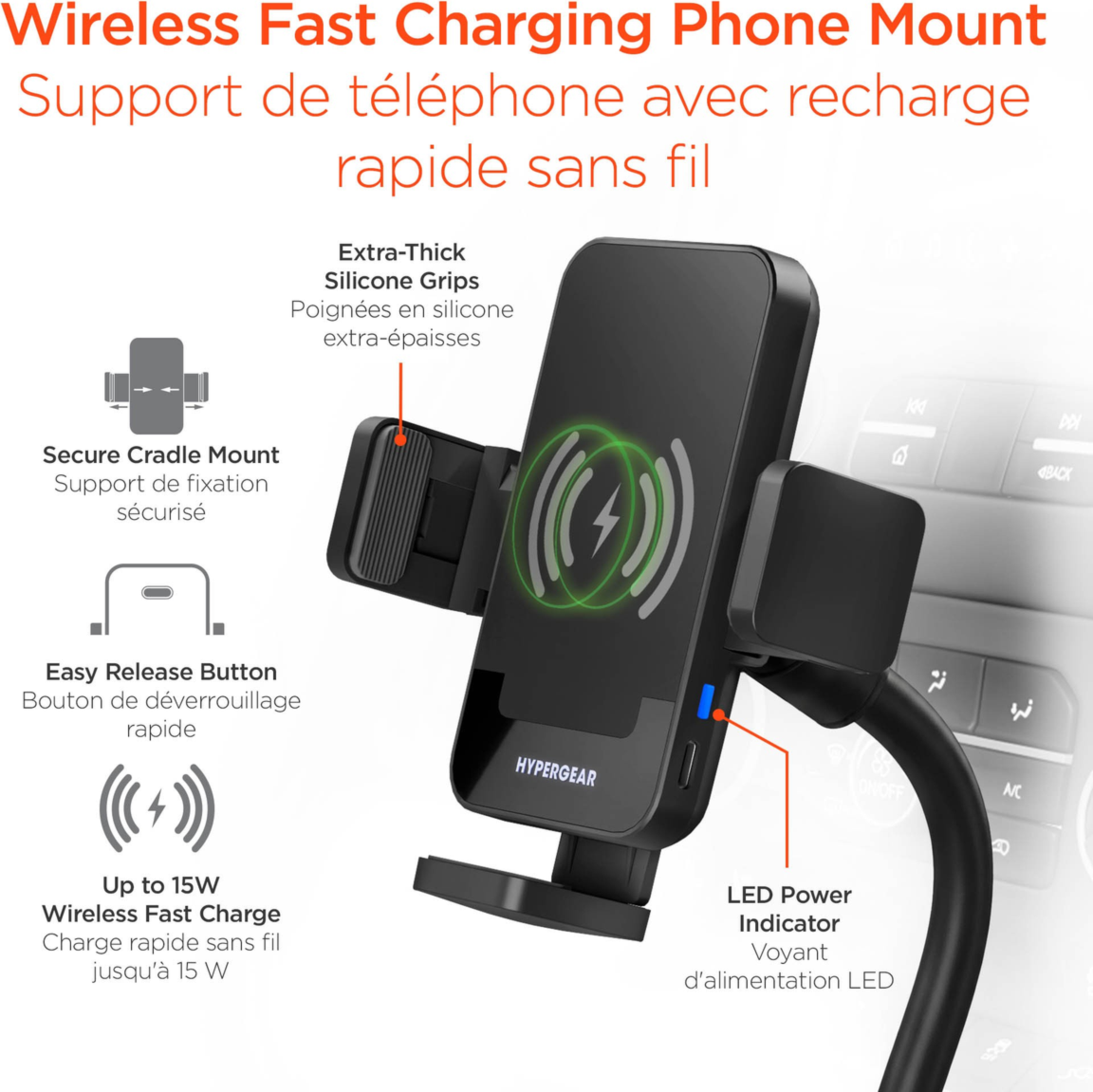HyperGear EZ Grip 15W Wireless Fast Charging Cup Holder Phone Mount - Black