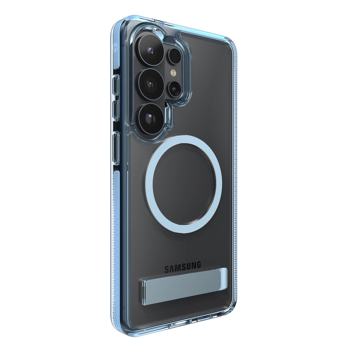 The ZAGG Santa Cruz Snap is a transparent case with pops of color that accent its design. It offers 13-foot drop protection, a sturdy kickstand that folds flush with the case.