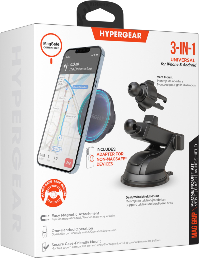 <p>The HyperGear MagGrip 3-in-1 Vehicle Mount Kit is a MagSafe compatible cradle-free magnetic phone mount that attaches to the vent, dash & windshield.</p>