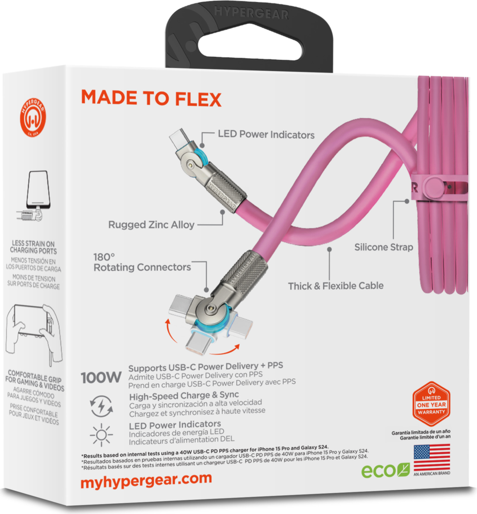 HyperGear 12 ft. 360cm USB-C to USB-C Chunky 180 Rugged Cable w/Rotating Connectors - Pink