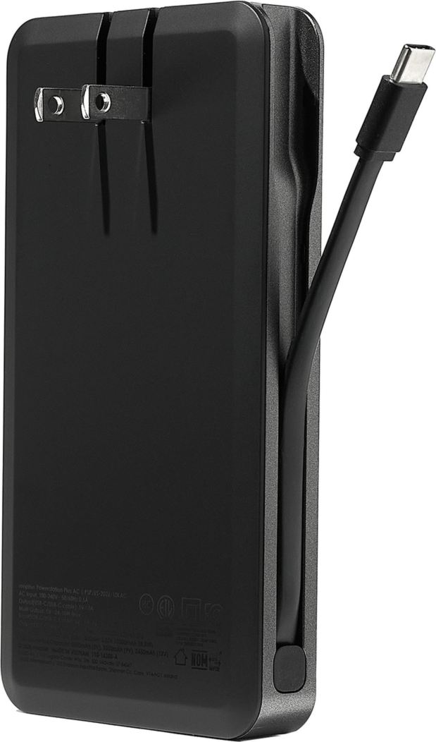 Mophie 10,000 mAh Powerstation Plus w/USB-C Cable + AC Plug - Black