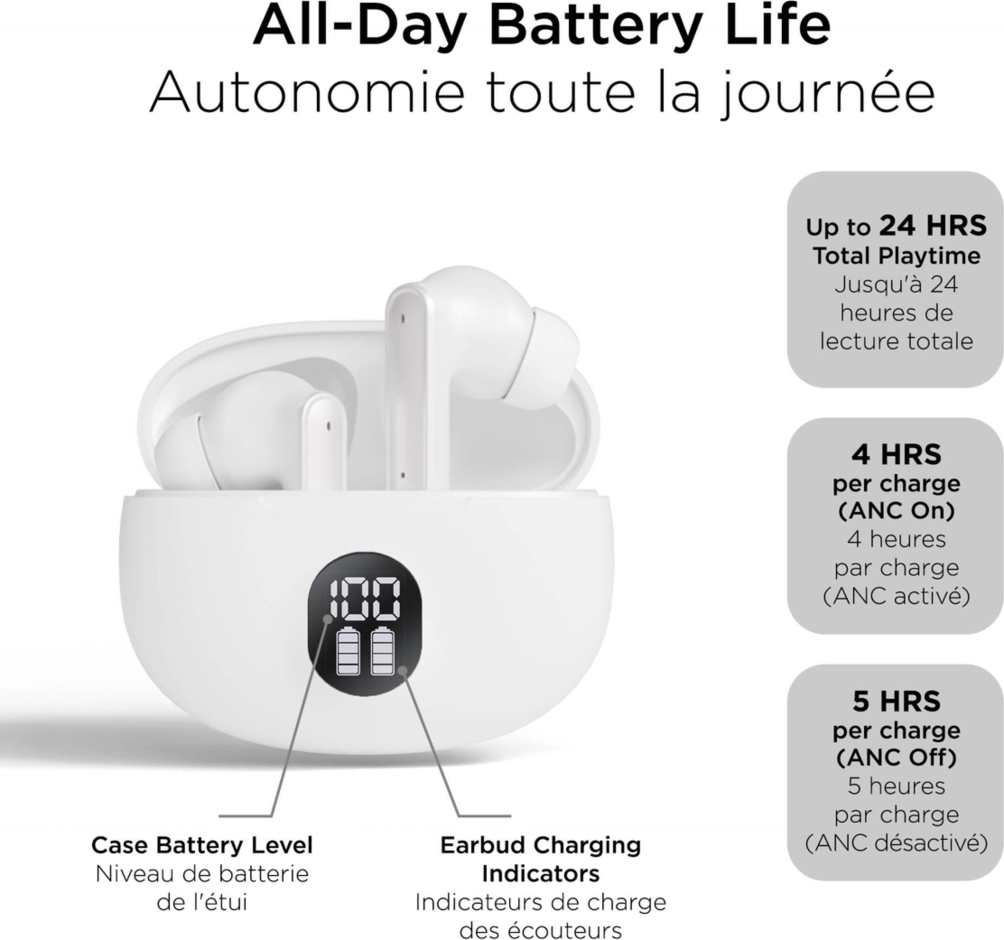 HyperGear HyperBudz ANC True Wireless Earbuds deliver HD sound with dynamic bass, active noise cancellation, and up to 24 hours of total playtime.
