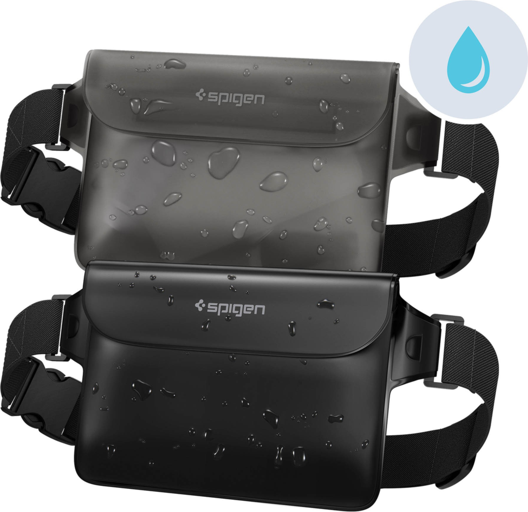 Spigen Universal Waterproof Waist Bag 2-Pack protects phones and essentials from water, sand, and dust with touchscreen access and an adjustable strap.
