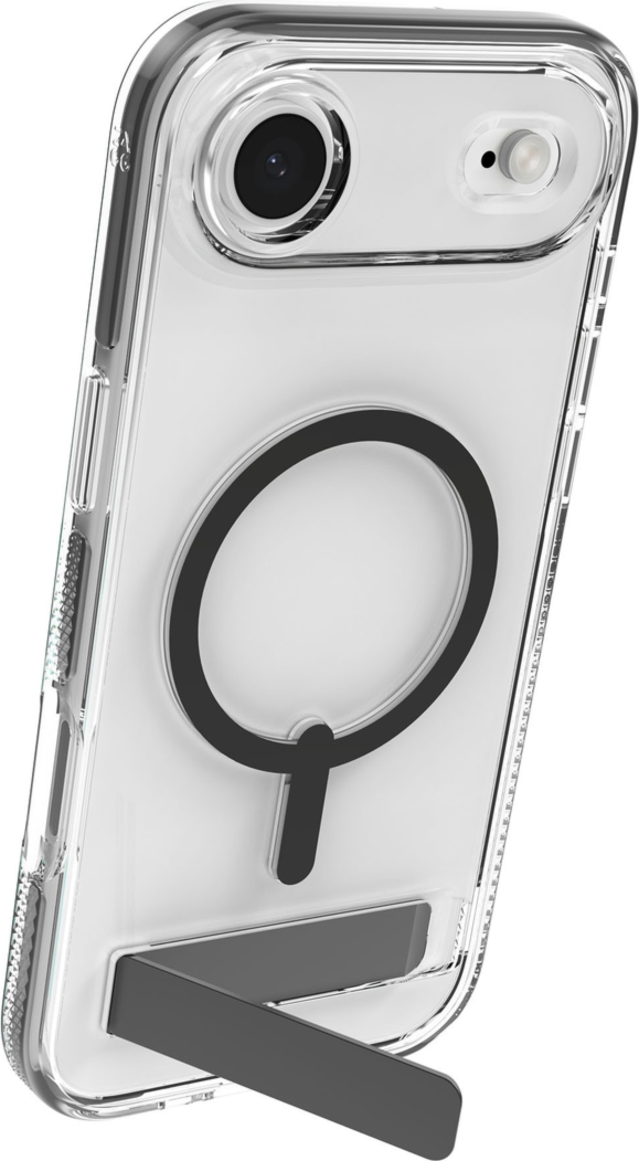 The ZAGG Santa Cruz Snap is a transparent case with pops of color that accent its design. It offers 13-foot drop protection, a sturdy kickstand that folds flush with the case, and is MagSafe compatible.