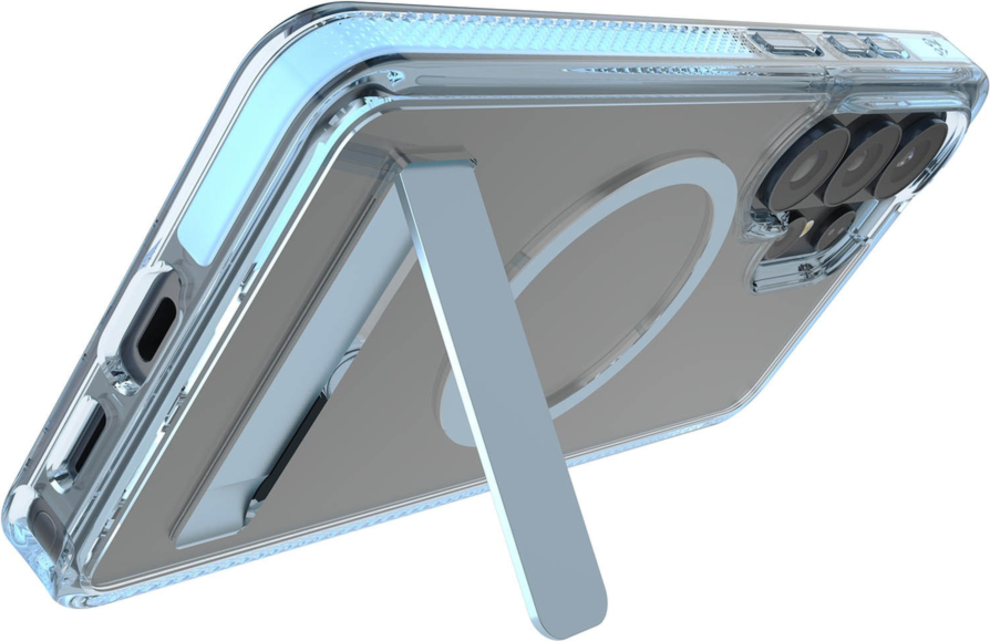 The ZAGG Santa Cruz Snap is a transparent case with pops of color that accent its design. It offers 13-foot drop protection, a sturdy kickstand that folds flush with the case.