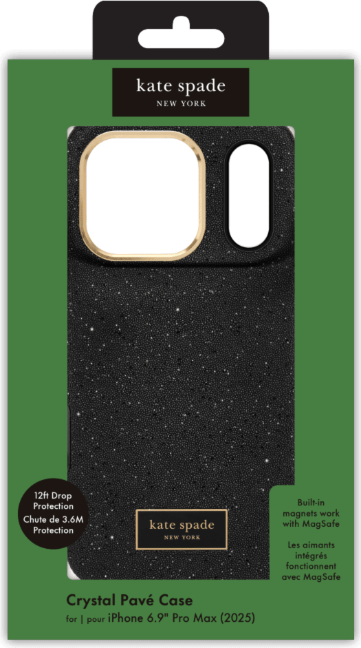 <p>The kate spade new york Crystal Pavé Case is a stylish phone case featuring a black crystal pavé inlay with gold hardware, provides 12-foot drop protection and offers MagSafe compatibility.</p>