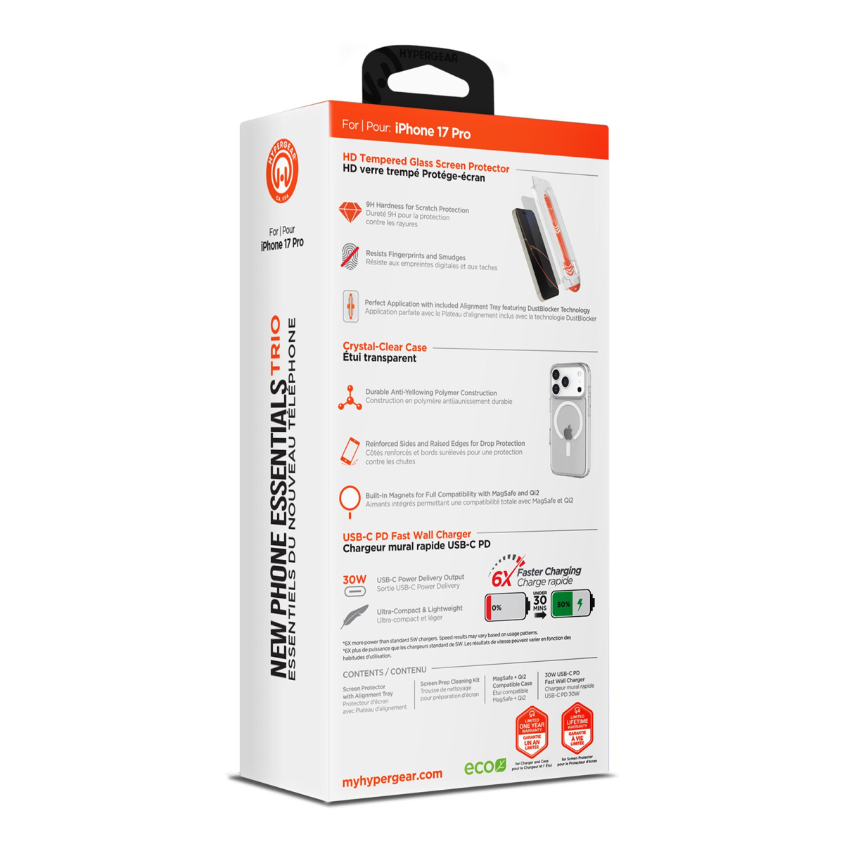 The HyperGear Accessory Bundle provides all the essentials to get started with a new phone: a clear MagSafe case, a screen protector, and a fast-charging 30W power adapter.