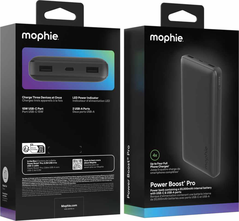 The Mophie 20,000 mAh Power Boost XL is a universal power bank for everyday portable power and has three USB charging ports to quickly charge multiple devices.