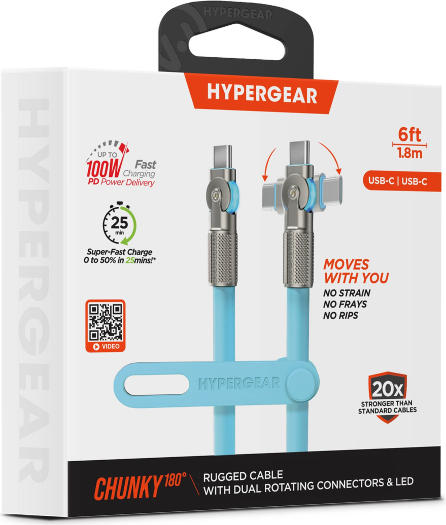 HyperGear 6 ft. 180cm USB-C to USB-C Chunky 180 Rugged Cable w/Rotating Connectors
