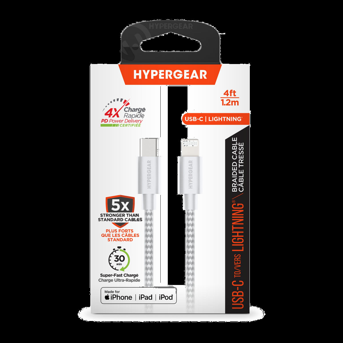 HyperGear 4 ft. (120cm) USB-C to Lightning Braided Charge and Sync Cable - White