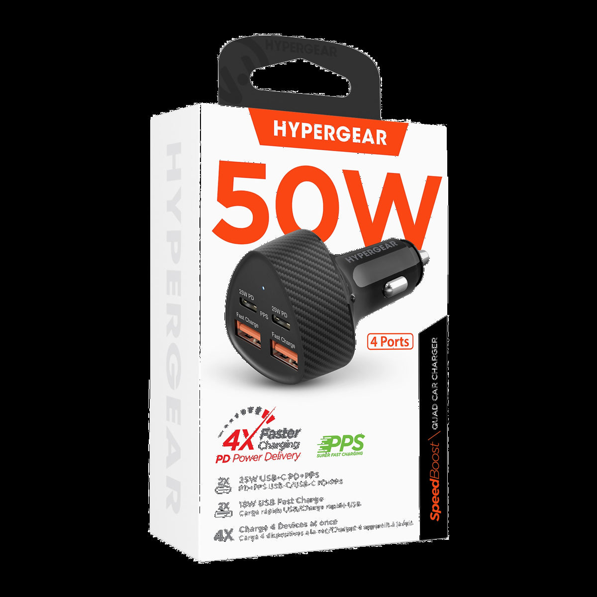 HyperGear SpeedBoost 50W Dual USB-C & Dual USB-A CLA Fast Charge Car Charger - Black