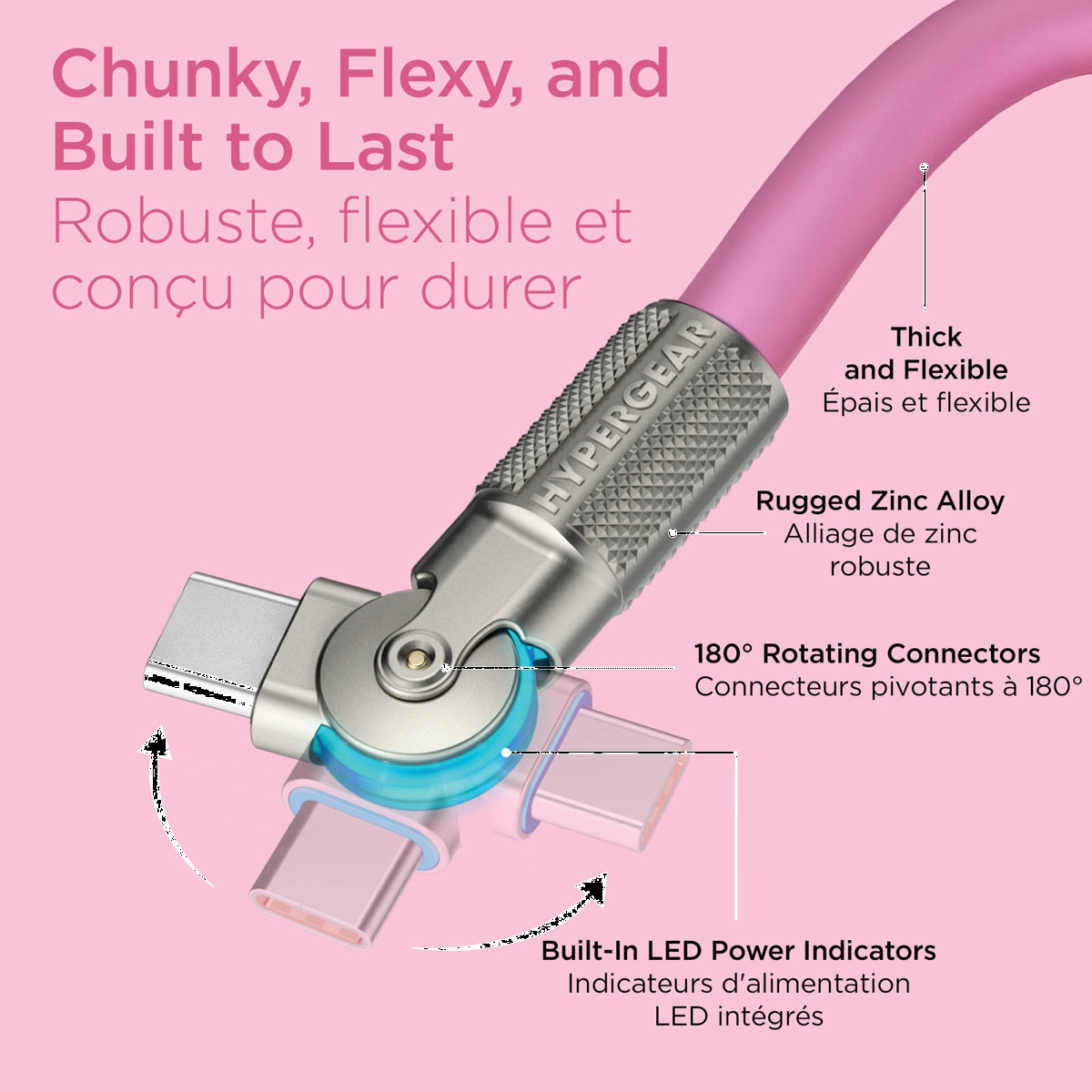 The HyperGear Chunky180° 6ft USB-C to USB-C cable is 20X stronger than standard cables, provides fast charging performance and features dual 180° rotating tips which reduce strain on ports.