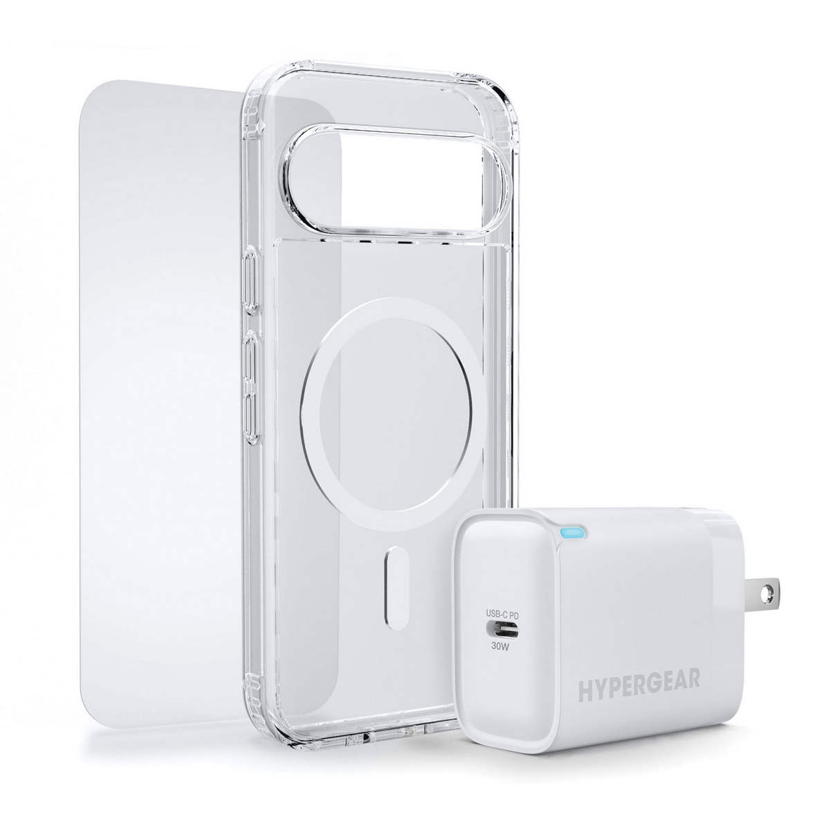 The HyperGear Accessory Bundle provides all the essentials to get started with a new phone: a clear MagSafe case, a screen protector, and a fast-charging 30W power adapter.