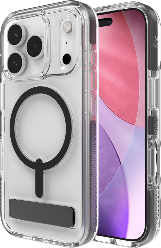 The ZAGG Santa Cruz Snap is a transparent case with pops of color that accent its design. It offers 13-foot drop protection, a sturdy kickstand that folds flush with the case, and is MagSafe compatible.