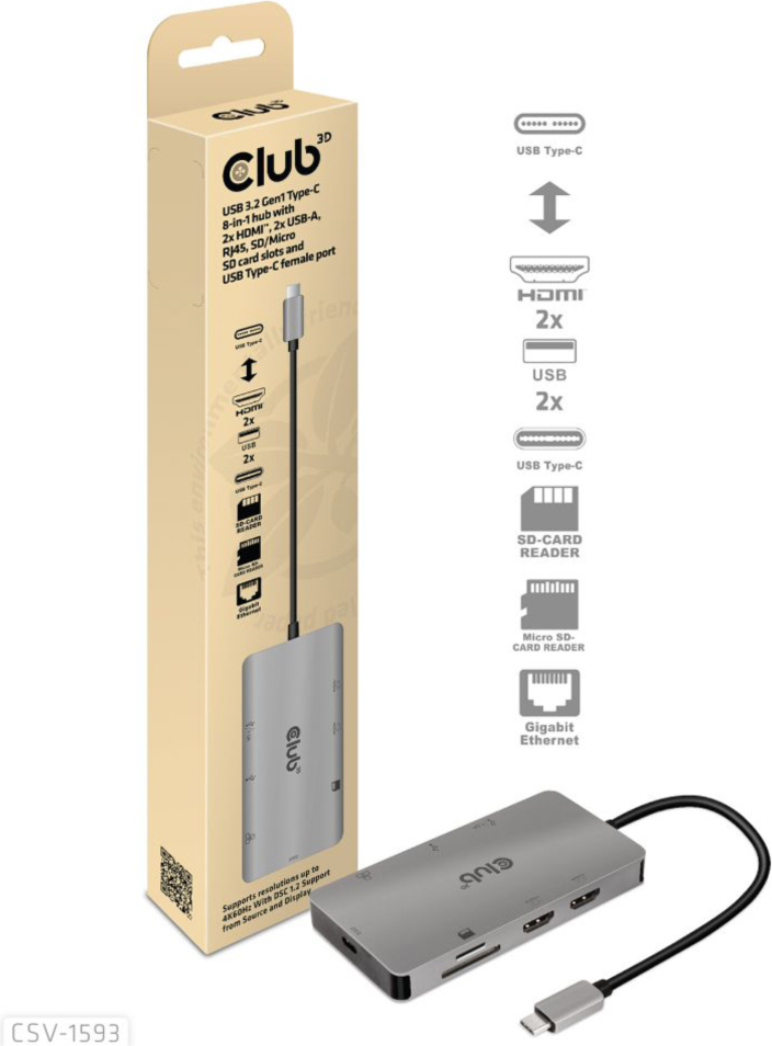 Club3D - USB-C 3.2 Gen 1 8-in-1 Hub with 2X HDMI/2X USB/RJ45/SD/Micro SD Card Slots and USB-C Female Port  - Gray