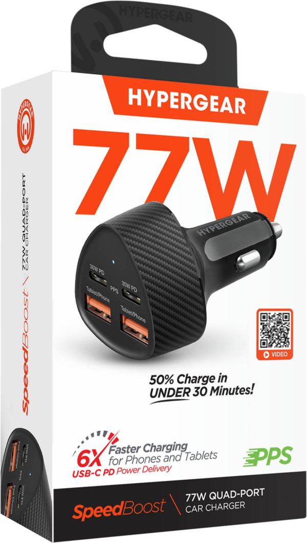 Chargeur de voiture HyperGear SpeedBoost 77 W à double port USB-C et double port USB-A CLA à recharge rapide - Noir