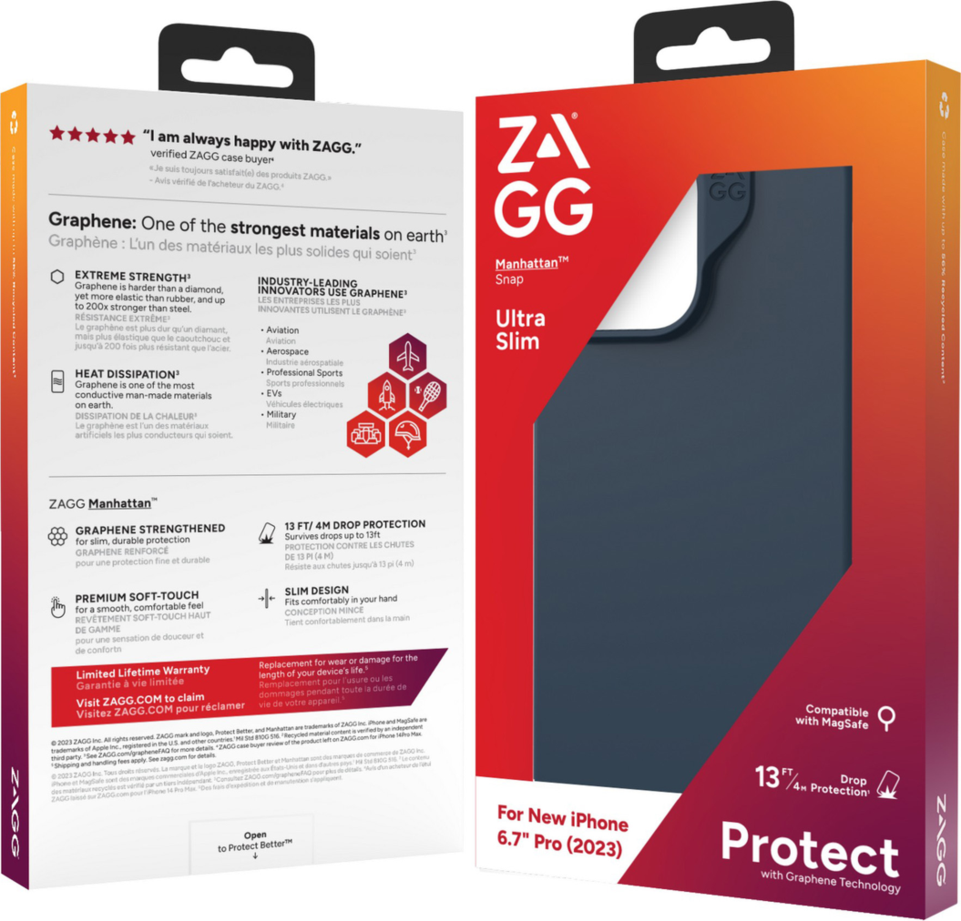 Strengthened with Graphene, ZAGG's Manhattan Snap series case combines premium silicone with 13 ft drop protection and seamless MagSafe compatibility.