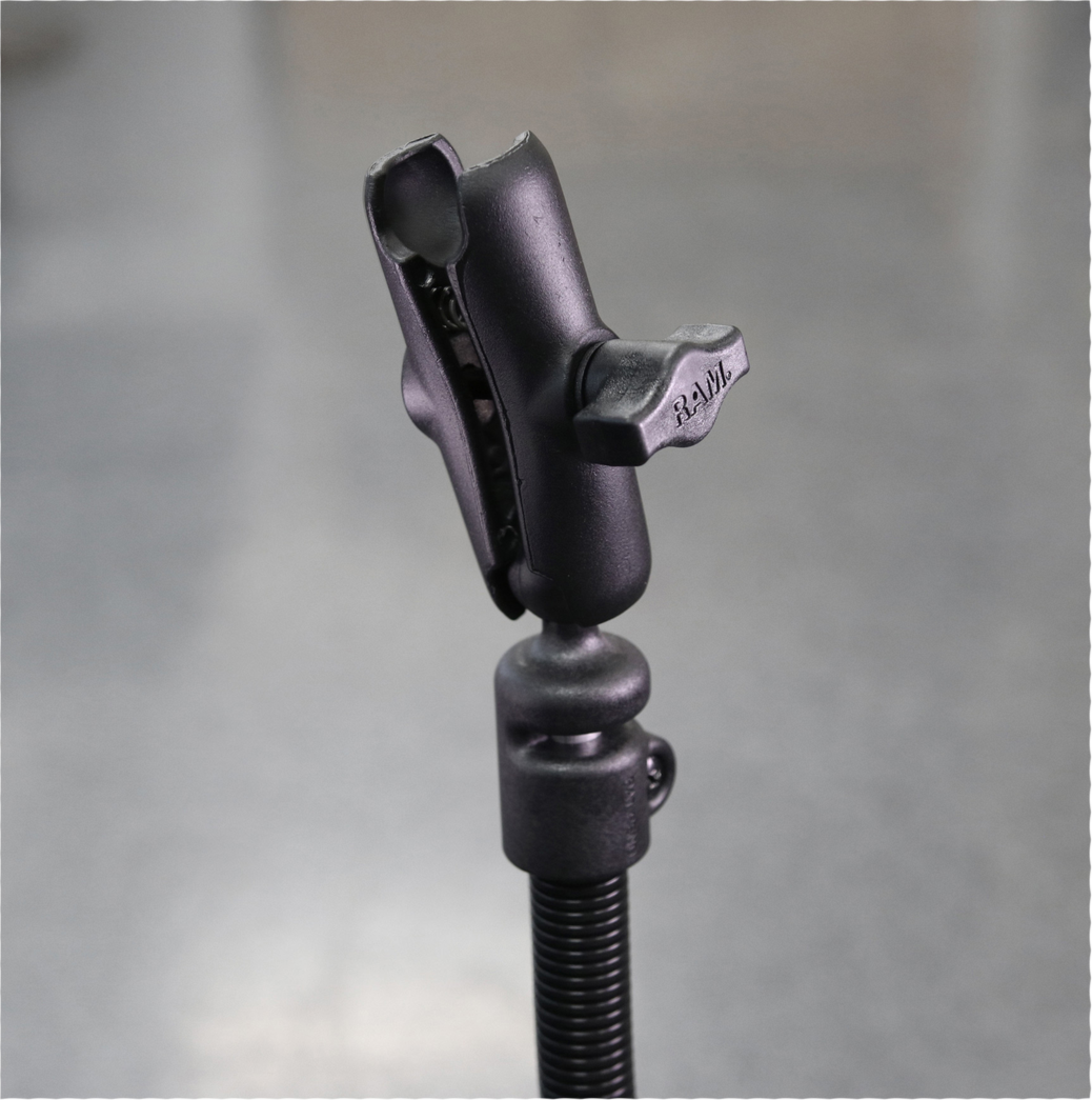 The clamp range of 0.625"-1.5" diameter on round surfaces and 0"-1.14" on flat surfaces allows users to find the ideal mounting position for the RAM® Tough-Claw® with RAM® Flex-Rod™ 26" Extension Arm.