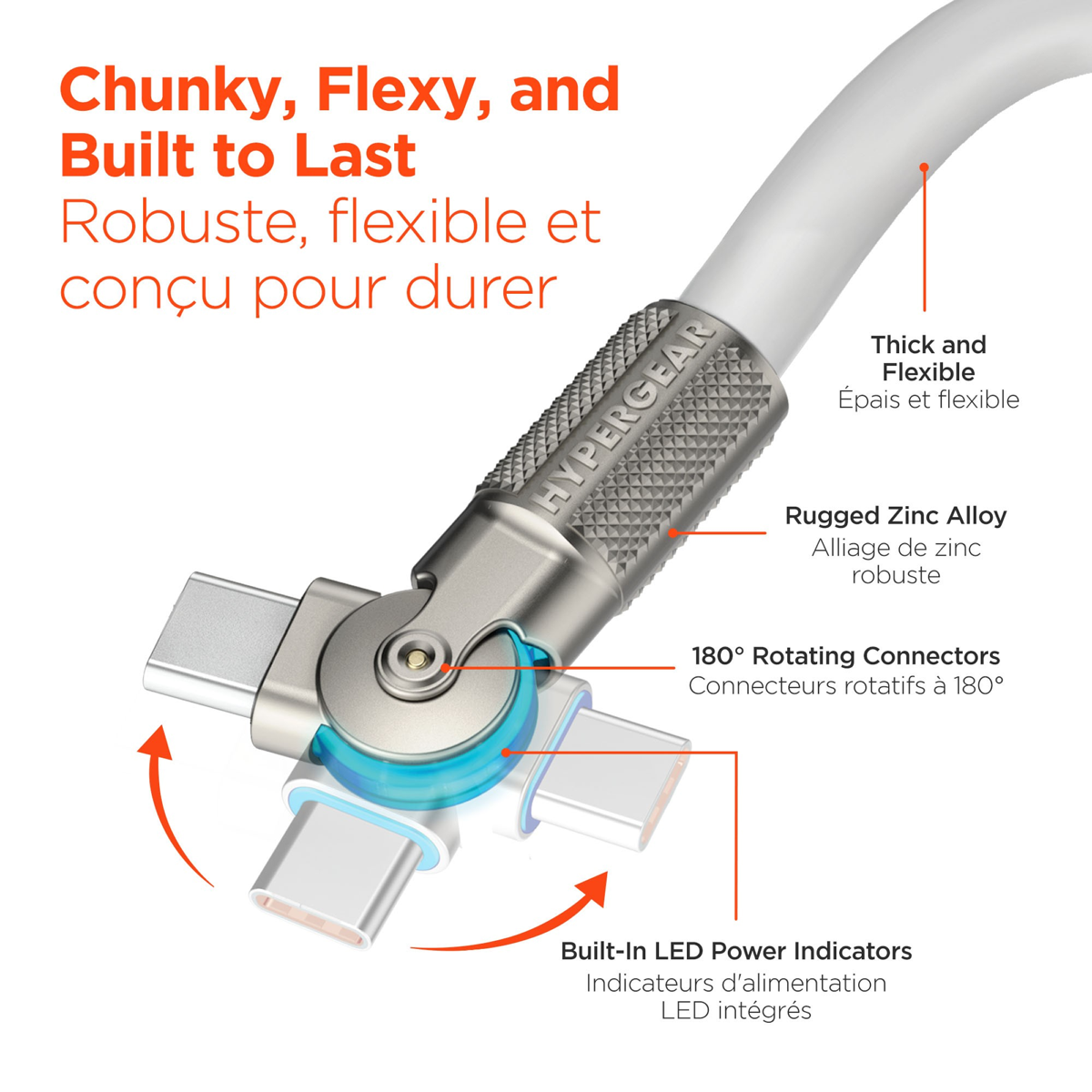 The HyperGear Chunky180° 12ft USB-C to USB-C cable is 20X stronger than standard cables, provides fast charging performance and features dual 180° rotating tips which reduce strain on ports.