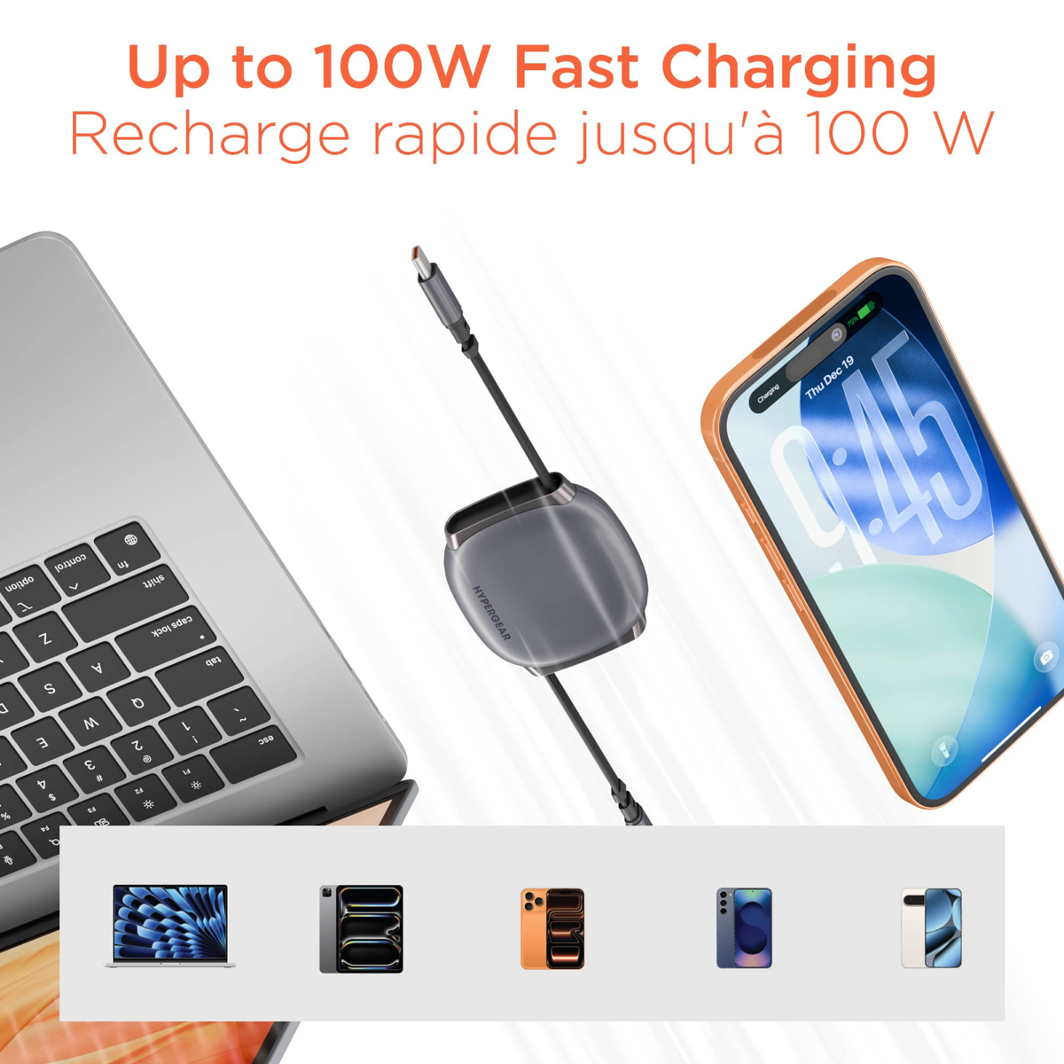 HyperGear FlexiGo 100W USB-C to USB-C Retractable Cable delivers up to 100W USB-C Power Delivery with a compact, retractable design for organized charging on the go.