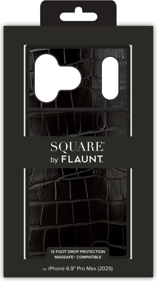 The FLAUNT SQUARE® Faux Leather case offers sleek, chic protection with a patent-pending square design and cushioned corners for enhanced shock absorption, featuring 12ft drop test protection.