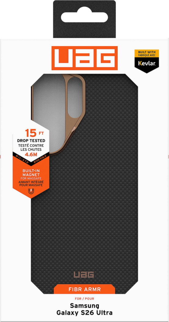 Crafted with premium DuPont™ Kevlar® and striking metallic accents, the UAG Fibr Armr case blends 15ft drop protection with a slim TPU frame and integrated magnets for wireless charging and accessories.